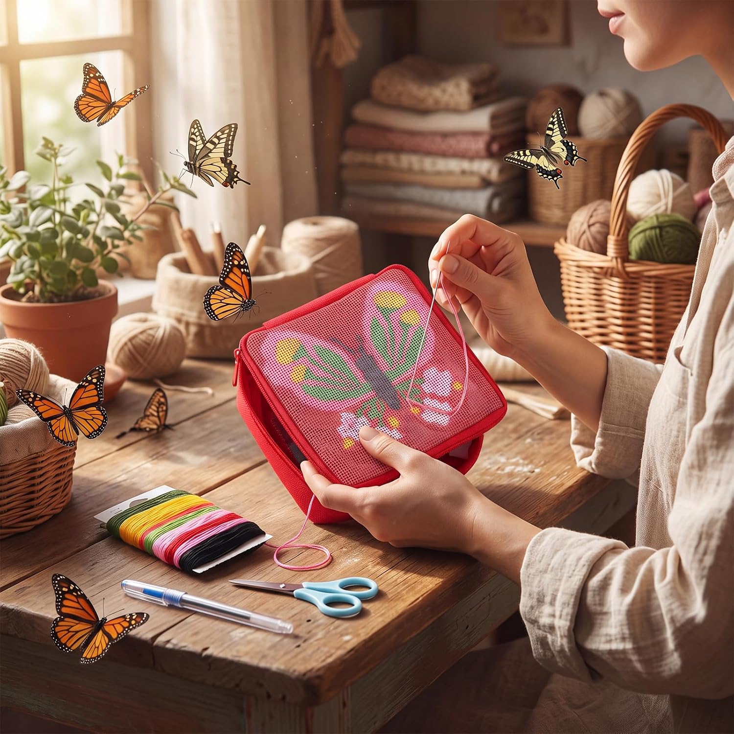 Rivvlive Butterfly Bloom 18 Mesh Needlepoint Wallet Kit for Adults Beginner