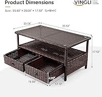 Vista 3 de VINGLI Mesa de centro de mimbre para exteriores con 2 cajones y parte superior de vidrio templado, mesa de centro de patio al aire libre para Con