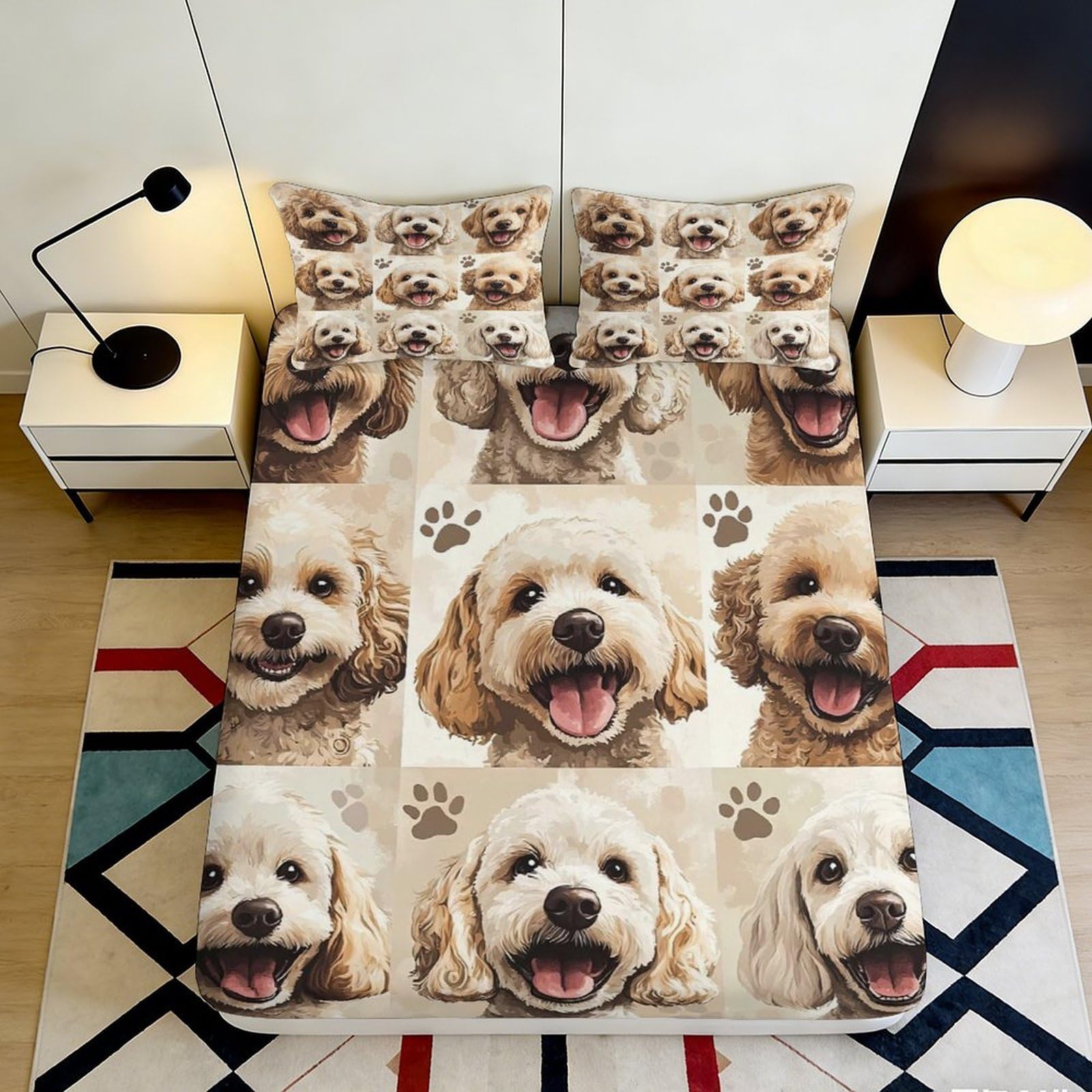 3D Printed Dog Face Fitted Sheet Microfiber Soft Breathable Puppy Paw Mattress Cover for Bedroom Dorm Decoration 90x200x25cm