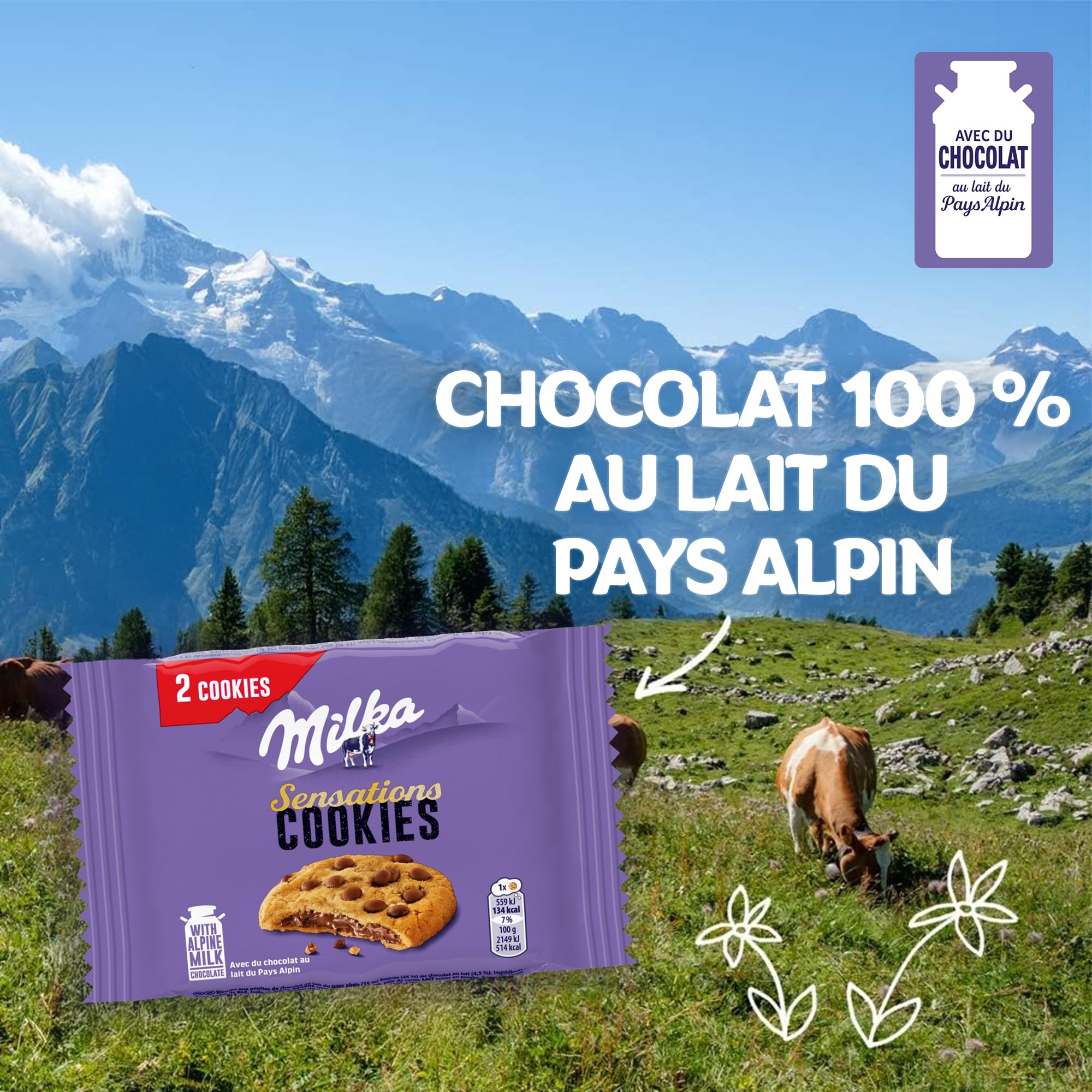 MILKA - Cookies Sensations - Cookies aux Pépites de Chocolat au Lait et Cœur Chocolaté - Lot de Biscuits Individuels - Format Familial Pratique pour le Goûter - Présentoir de 24 Paquets de 2 Cookies