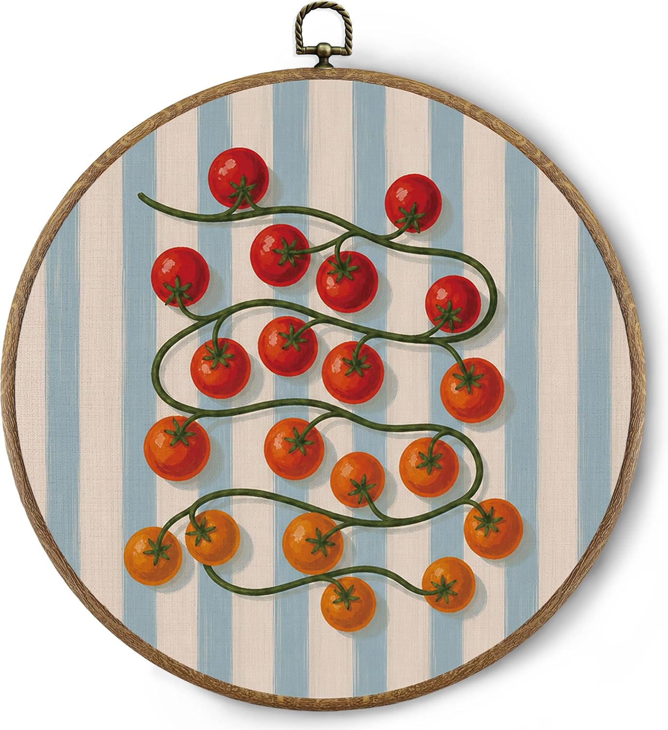 BitKAM Tomato Fruit Kitchen Round Wall Art Decor, Retro Eclectic Canvas Prints Framed, Blue Striped Tomato Wall Hanging Decorations for Home Kitchen Dining Room, 10x10 Inch Wall Sculptures