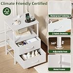 Somdot White Nightstand with 2 Fabric Drawers,Bedside Table with Charging Station and LED Lights, Small Nightstand for Bedroom,Entryway,Closet,Hallway,White Leather