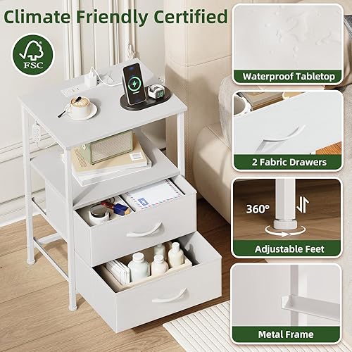 Miniatura 6 de Somdot Mesita de noche blanca con estación de carga y luz LED para dormitorio, cómoda de 2 cajones con contenedores de tela para mesita de noche,