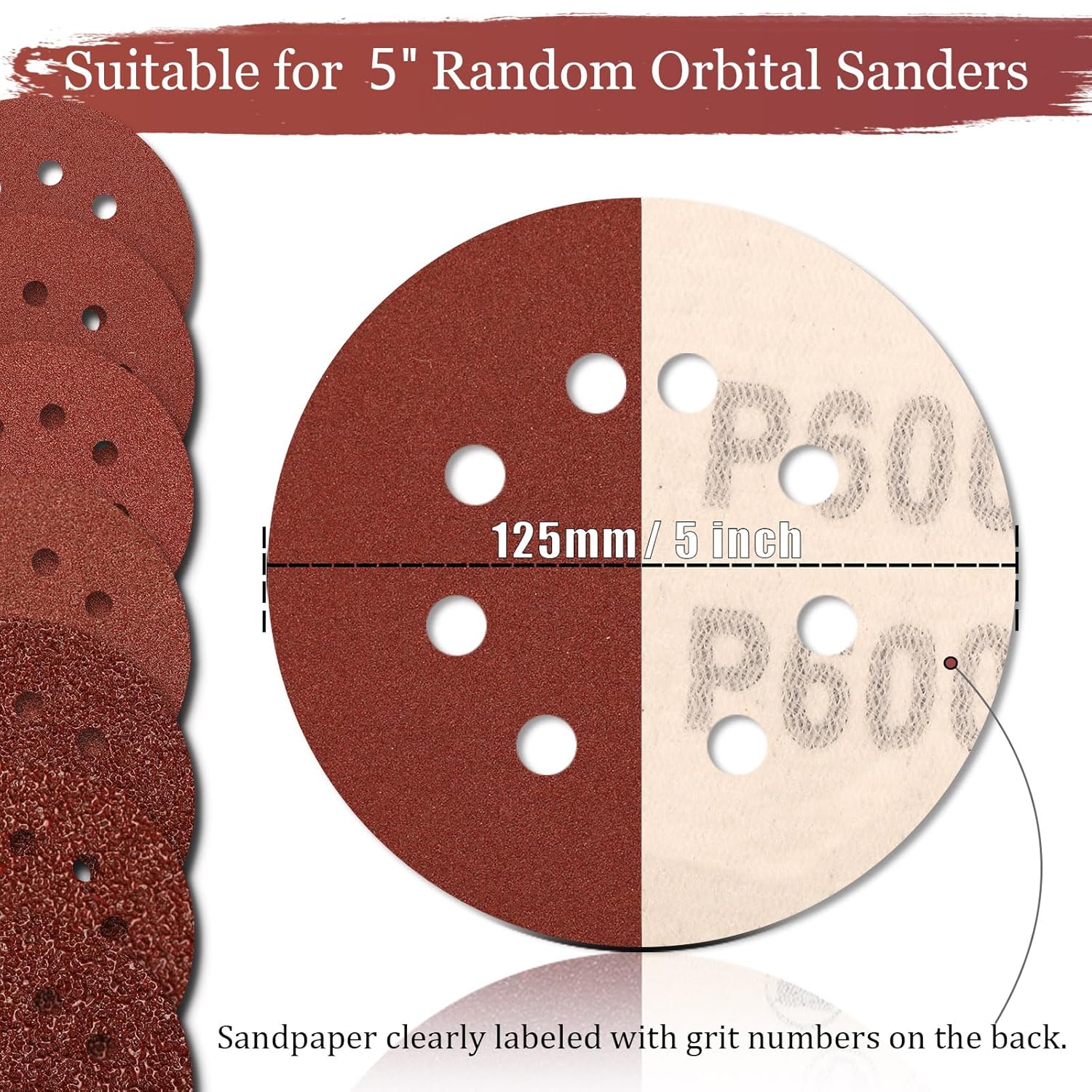 5 Inch Sanding Discs Hook and Loop 8 Hole Sandpaper 600 Grit 100 PCS for Random Orbital Sander