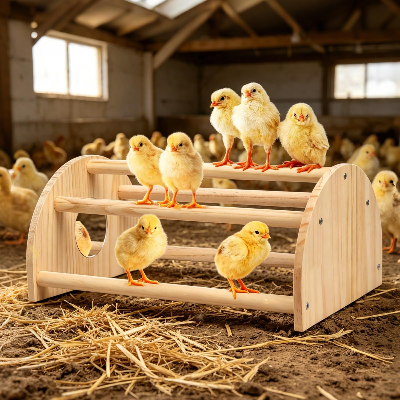 Perca de pollitos de pino con espejo, barra de gallo fuerte de la selva, juguetes de perca de pollo para gallinero y criadora, juguetes de perca de entrenamiento para pájaros grandes, loros