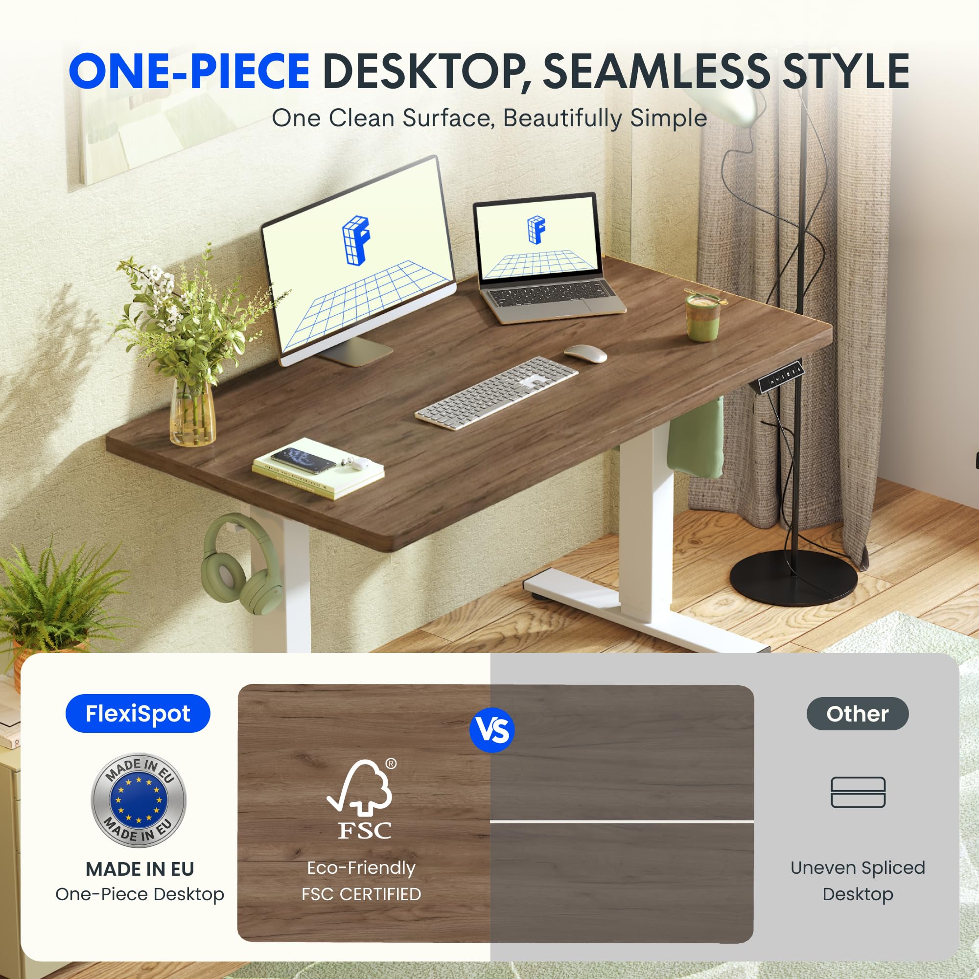 FLEXISPOT Escritorio Elevable Eléctrico con Tablero Acabado de Roble Hecho en UE,140×80cm,Altura Ajustable 71-120cm,Capacidad 80 kg,para Oficina,Trabajo Remoto,Hogar y Empresa,Roble Café + Negro
