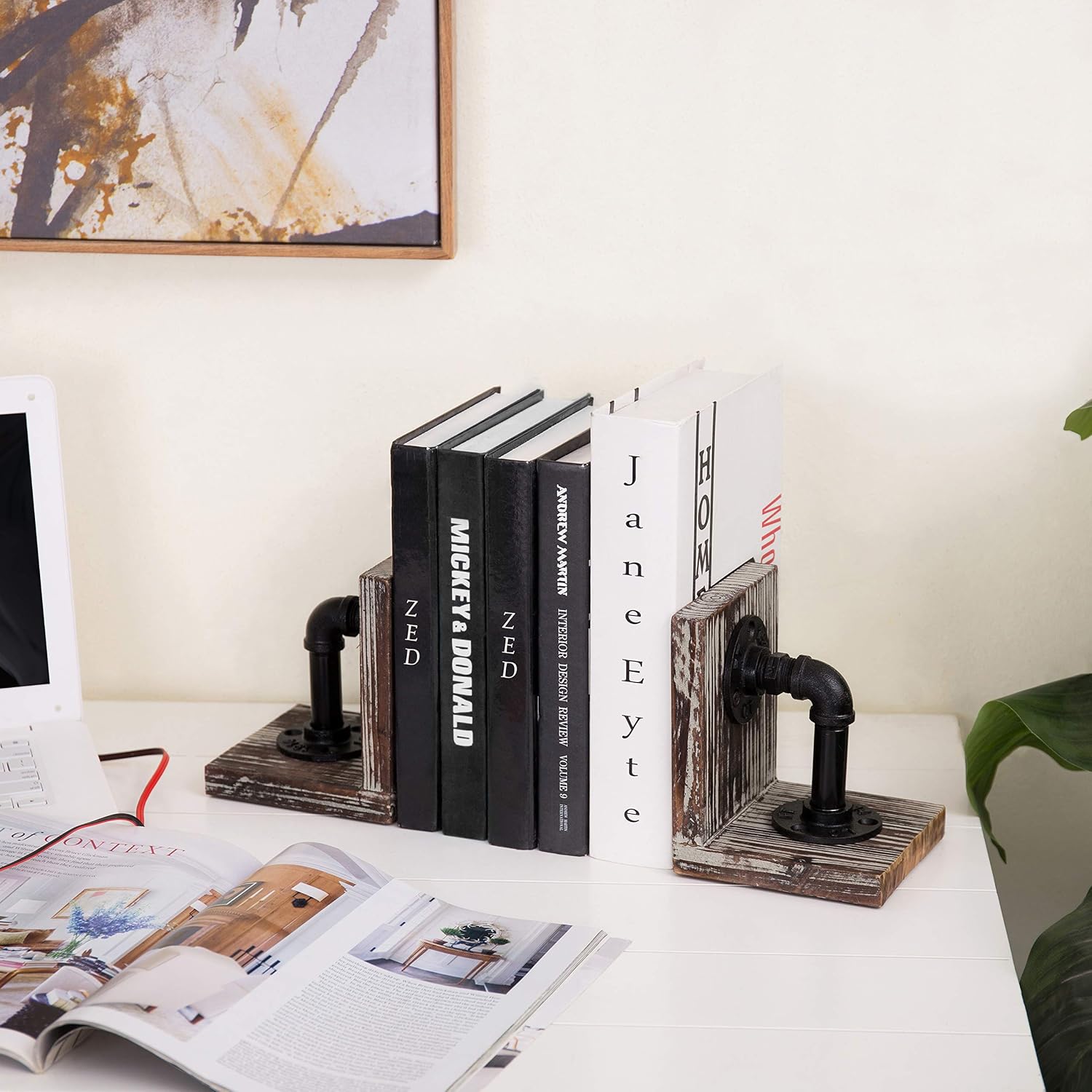 MyGift Decorative Bookends, Office Book Ends for Shelf, Book Holder L-Shaped Stand Desktop, Solid Torched Wood with Realistic Industrial Pipe Design image 5