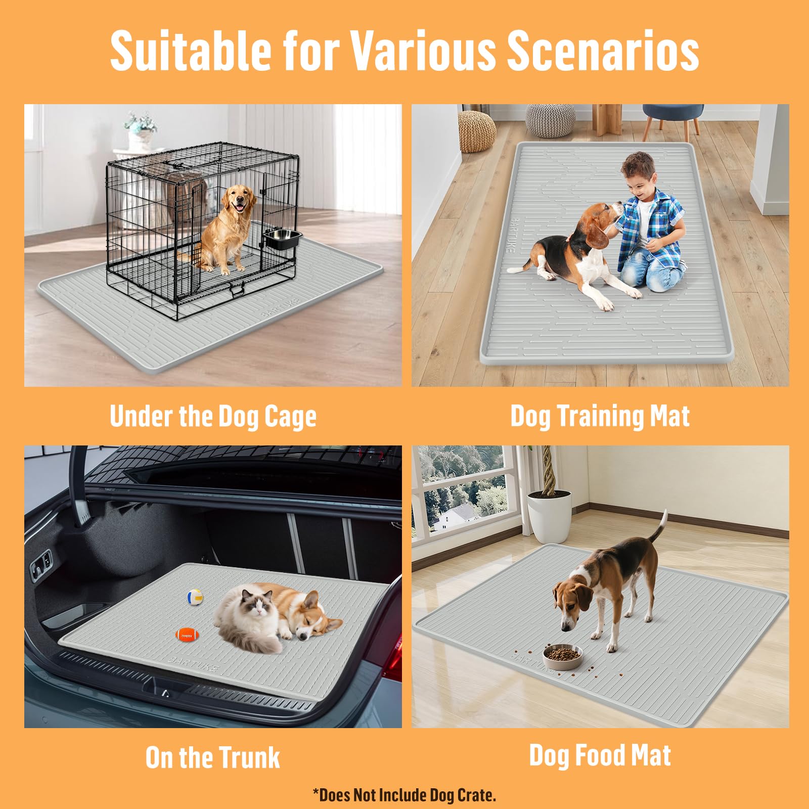 Tapis de cage en silicone pour chien, 137,2 x 69,8 cm, tapis de niche avec bord surélevé, lavable, imperméable, étanche, protège les sols
