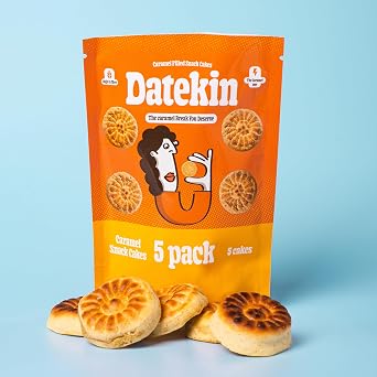Datekin Caramel Filled Cakes - Luxury Date & Sponge Tea Cakes with Melting Caramel Centre, Real Butter & Hint of Coconut - 100% Non-Hydrogenated, Premium Afternoon Tea Snack 5 Pack