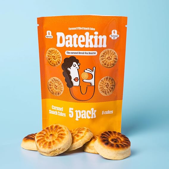 Datekin Caramel Filled Cakes - Luxury Date & Sponge Tea Cakes with Melting Caramel Centre, Real Butter & Hint of Coconut - 100% Non-Hydrogenated, Premium Afternoon Tea Snack 5 Pack