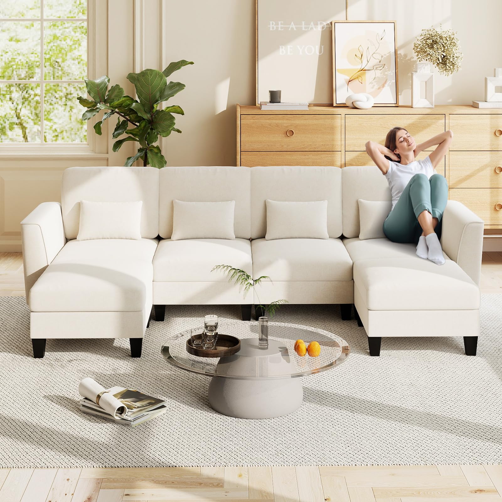 COSTWAY Sofa narożna 280 cm z 2 podnóżkami i 4 poduszkami, modułowa sofa z funkcją spania, sofa narożna w kształcie litery U z portami ładowania USB i portem ładowania typu C, 4-osobowa sofa do salonu
