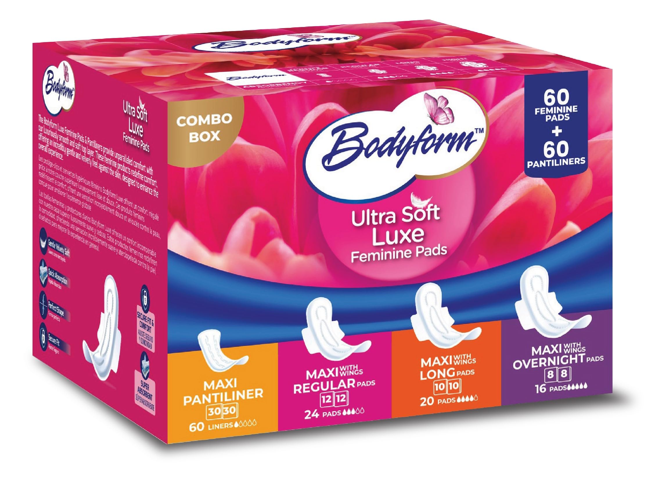 Bodyform Luxe Feminine Care Value Combo Box (Variety Pack) – 60 Ultra-Soft Pads + 60 Gentle Pantyliners, Cushion Soft & Ultra-Absorbent