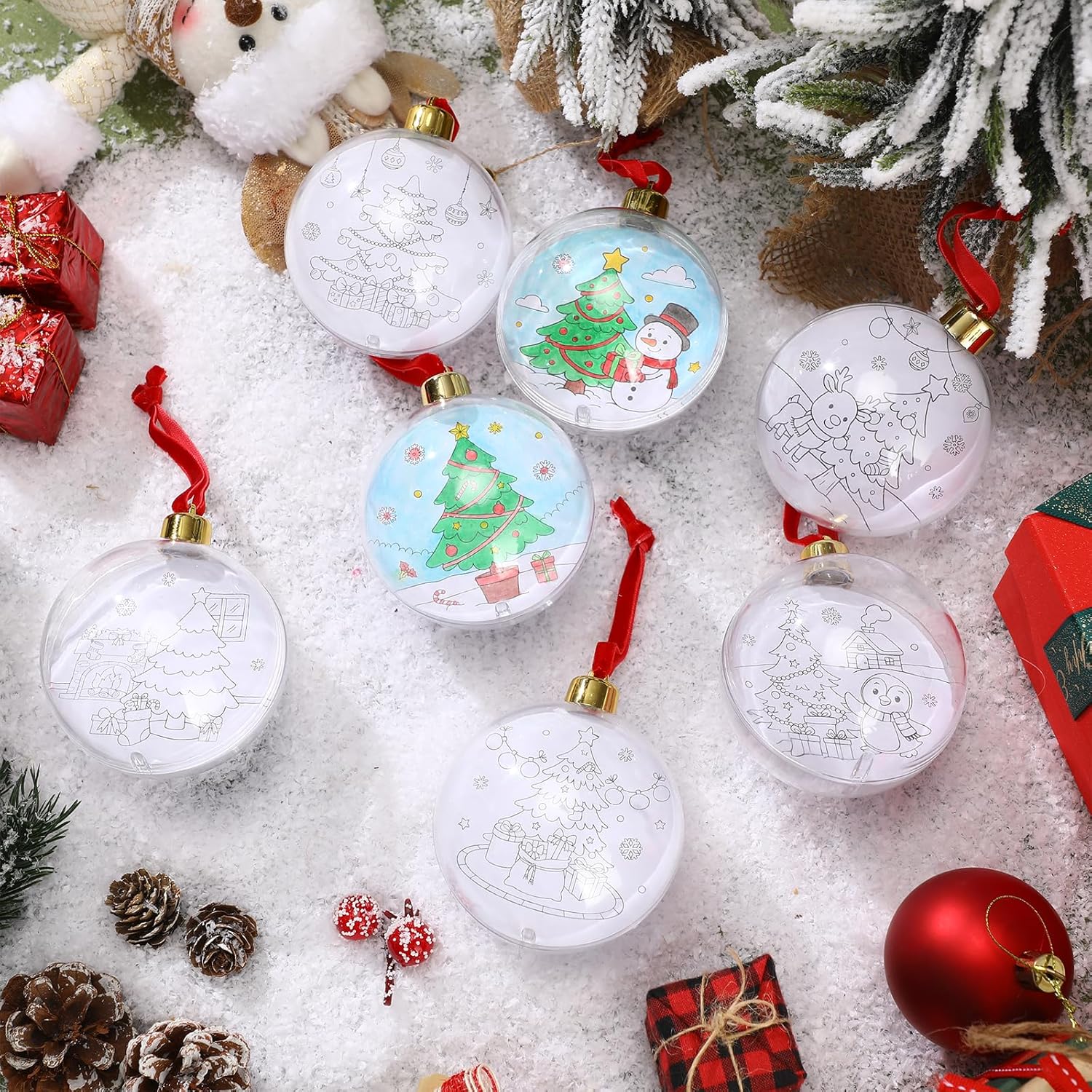 Daifunli 24 Sets Christmas Ornament Making Kit Xmas DIY Coloring Craft Color Your Own Plastic Bulb Double Sided for Christmas Tree Hanging Decorating Home Activities Winter Party Supplies (Xmas Trees)