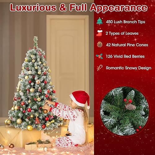 Miniatura 3 de Goplus Árbol de Navidad preiluminado de 6.5 pies, árbol de Navidad artificial con bisagras con 420 luces LED de color blanco cálido, 8 modos de