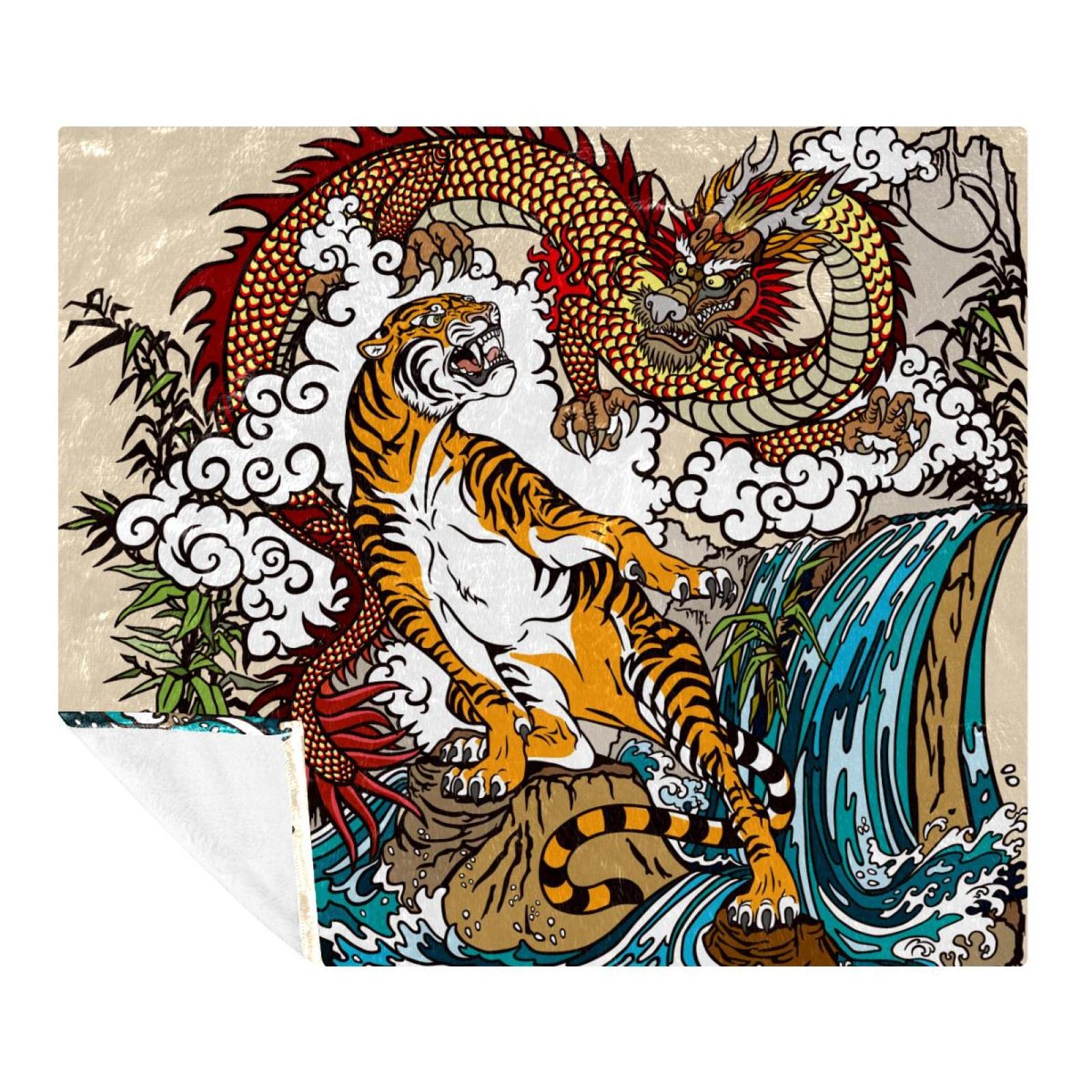 Multicoloured Chinese Dragon Tiger Fleece Throw Blanket,Super Soft Luxurious Bedding Blanket