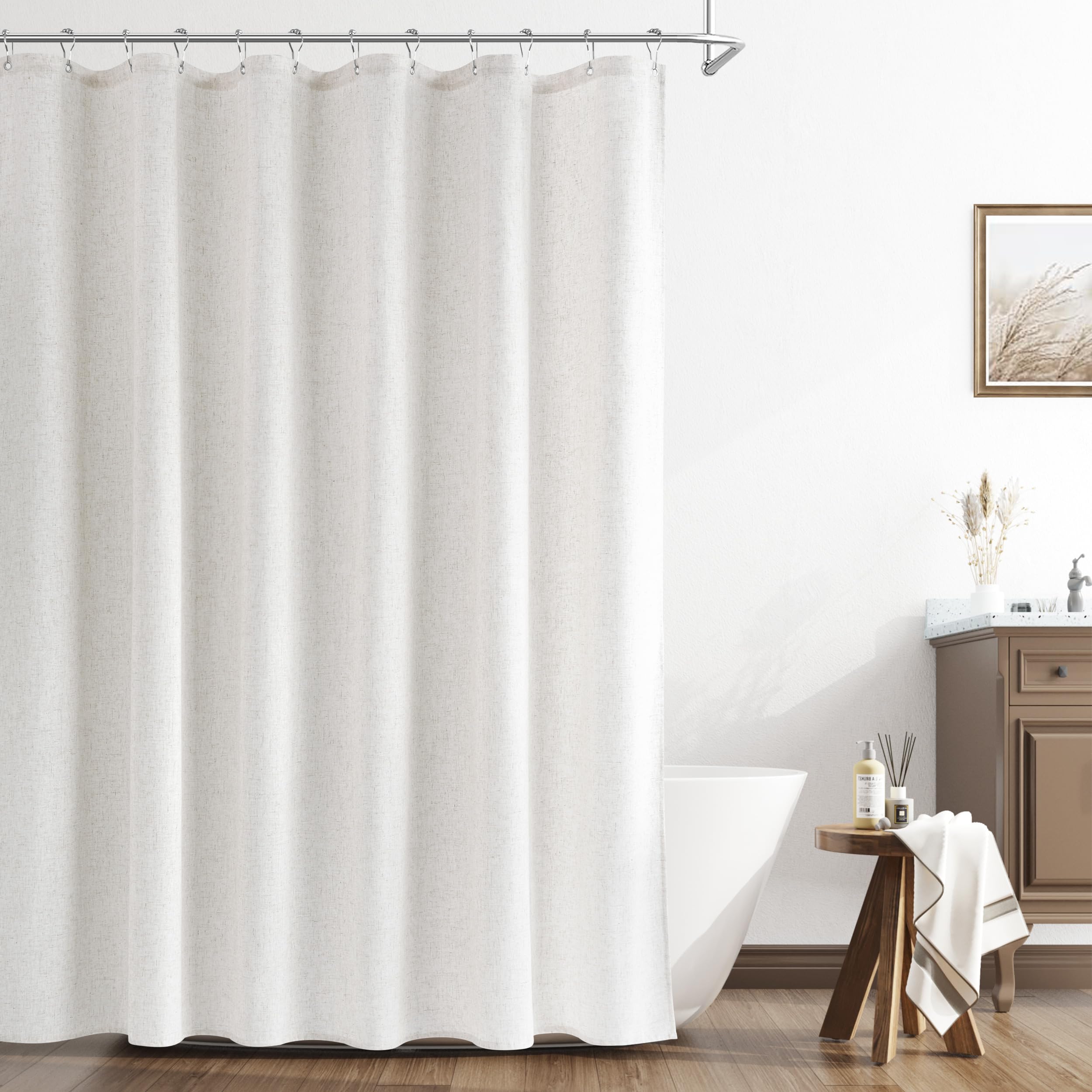 Naturoom Linen Shower Curtain 72 Inch Long for Bathroom Beige White 1 Panel