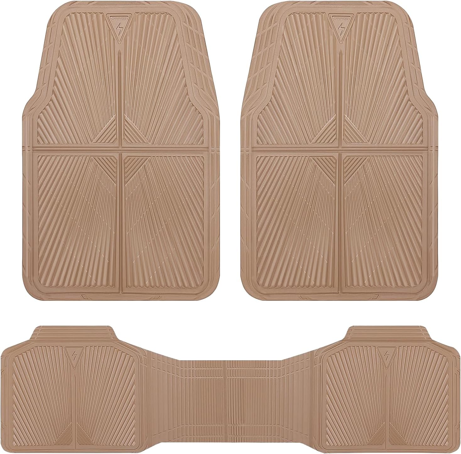 CAR PASS Rubber Car Mats,Car Floor Mats All Weather, Waterproof Trim-to Fit Automotive Floor Mats for Cars Trucks SUV,Anti-Slip Easy Clean, Heavy Duty Car Mats Full Set 3-Piece,All Beige