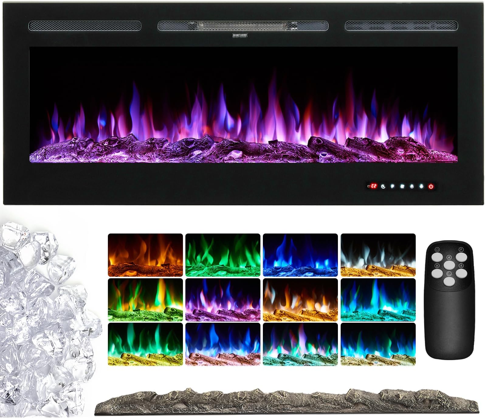 INMOZATA Wall Mounted Electric Fireplace 50inch Electric Fire Heating Insert Recessed into Wall Electric Stove Fire Heater Touch Remote Control 9 LED Color Flame Effect, Crystal with Log Set