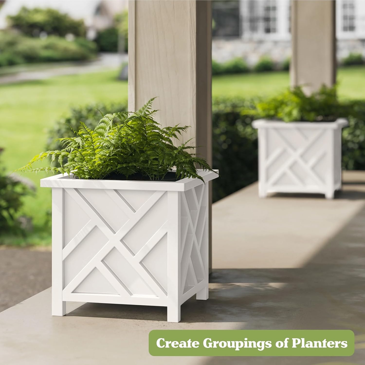 Outdoor Lattice Planter Box - 15.5 Inch Decorative Plant Pot for Patio, White - Snap Assembly Garden Container for Flowers, Herbs or Potted Plants for Front Porch, Deck or Balcony