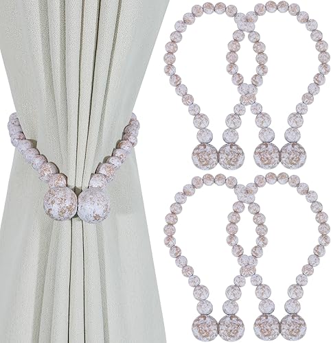 Miniatura 11 de KLOGTSIND Alzapaños Magnéticos para Cortinas, Paquete de 4 Alzapaños para Cortinas, Alzapaños de Cortina con Perlas de Madera, Soportes de Cortina