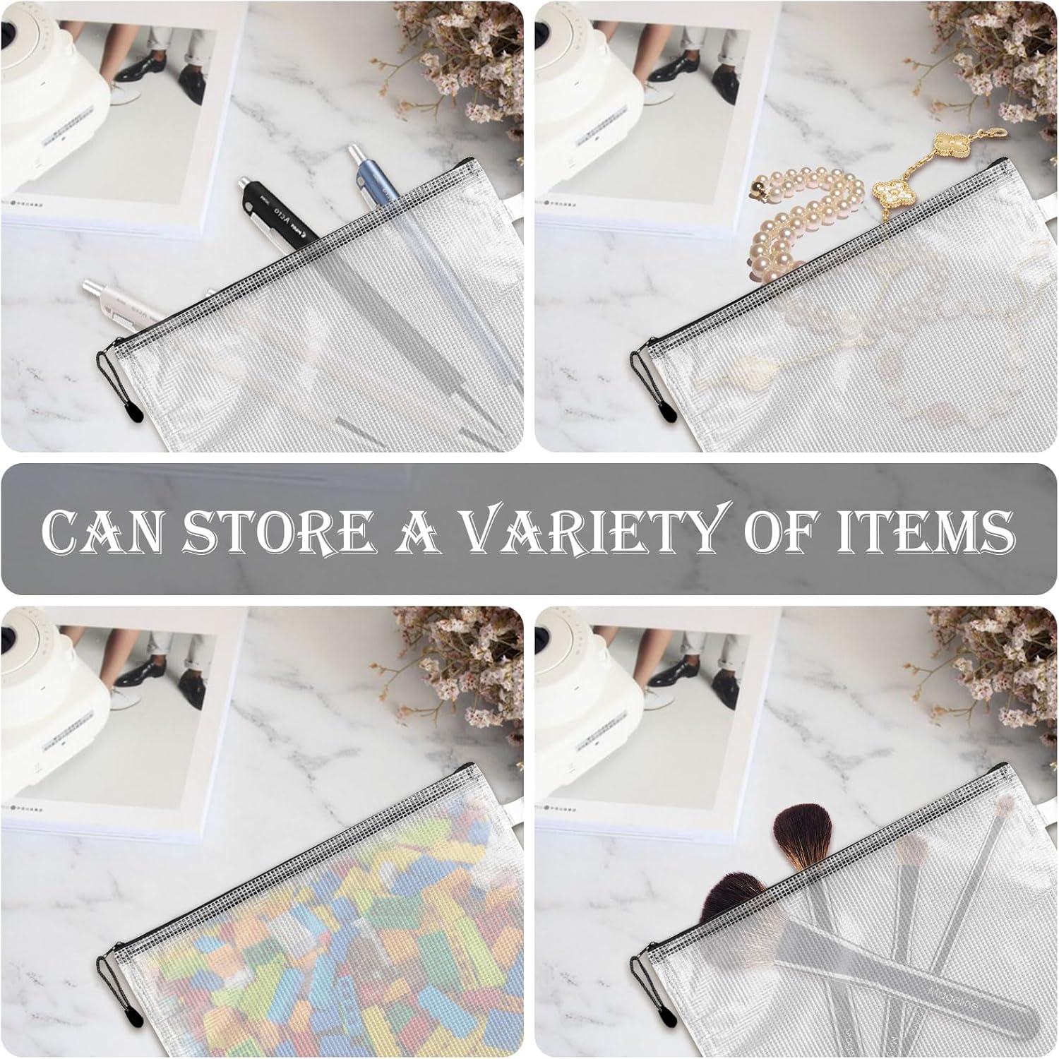 100 Pcs Black Mesh Zipper Pouch Bulk Multipurpose Waterproof Zipper Pouches, 9.5x4.5 Inches Small Plastic Zipper Mesh Bags Clear Mesh Pouches with Zipper for Office Travel Supplies Storage - Image 5