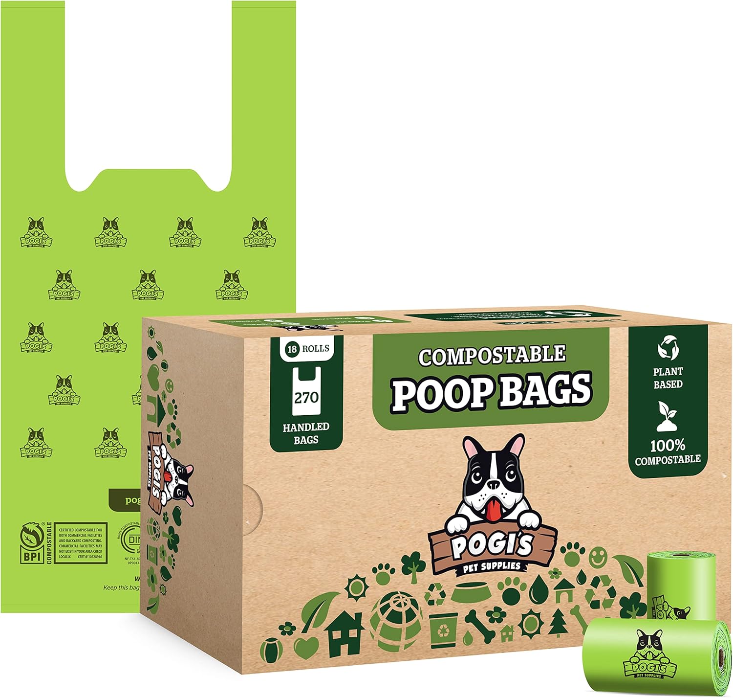 Pogi’s Compostable Poop Bags w/Handles 18 Rolls (270 Bags) Leak