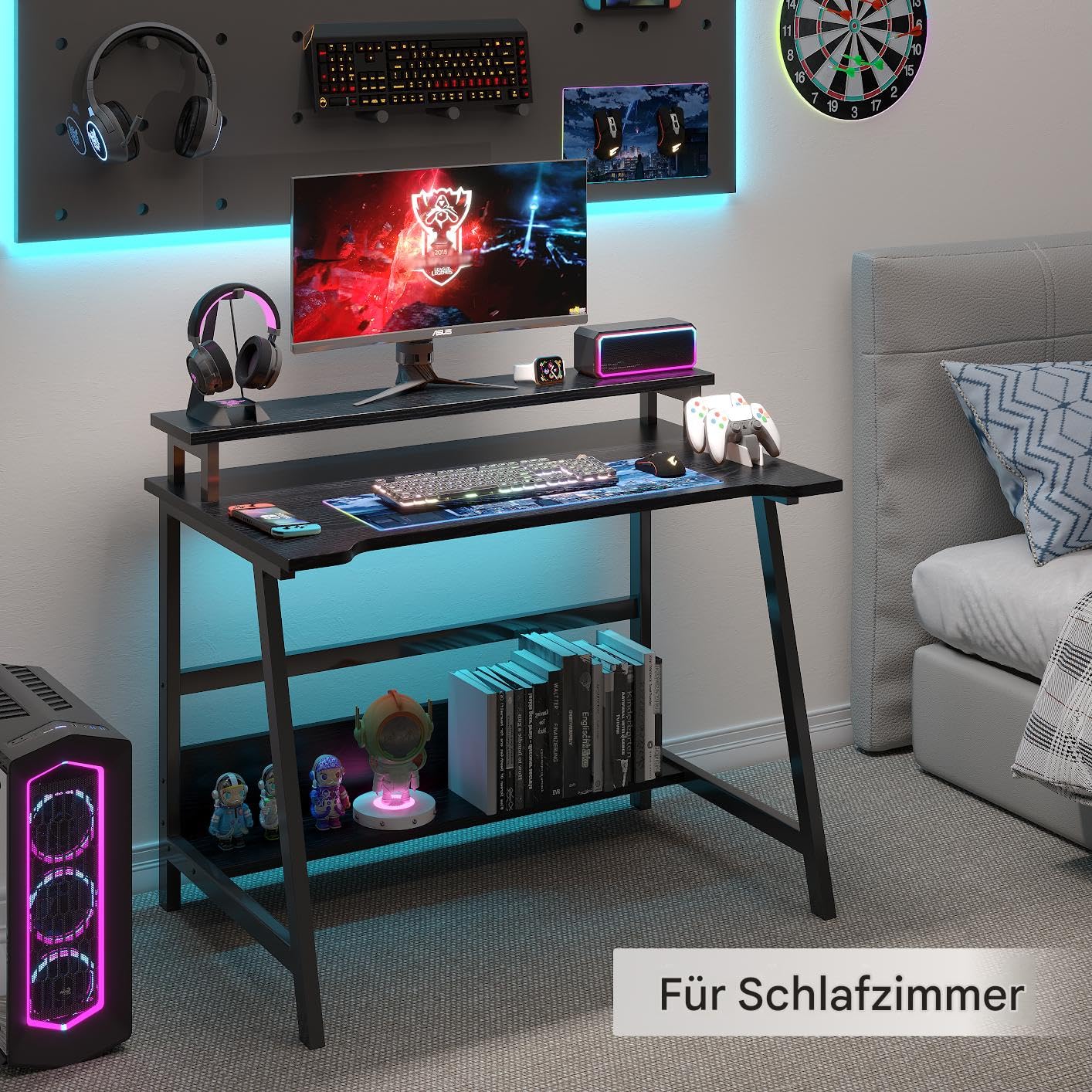 MIN WIN Schreibtisch mit Monitorständer, Kleiner Computertisch mit Stauraum, Bürotisch für Home Office, kleine Räume, Schlafzimmerb, 80 x 50 x 86.5 cm