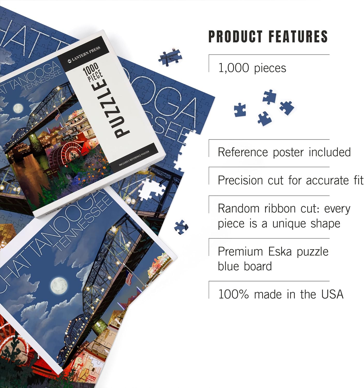 Lantern Press Chattanooga, Tennessee, Skyline at Night, 1000 Piece Jigsaw Puzzle for Adults, Made in USA with Reference Poster