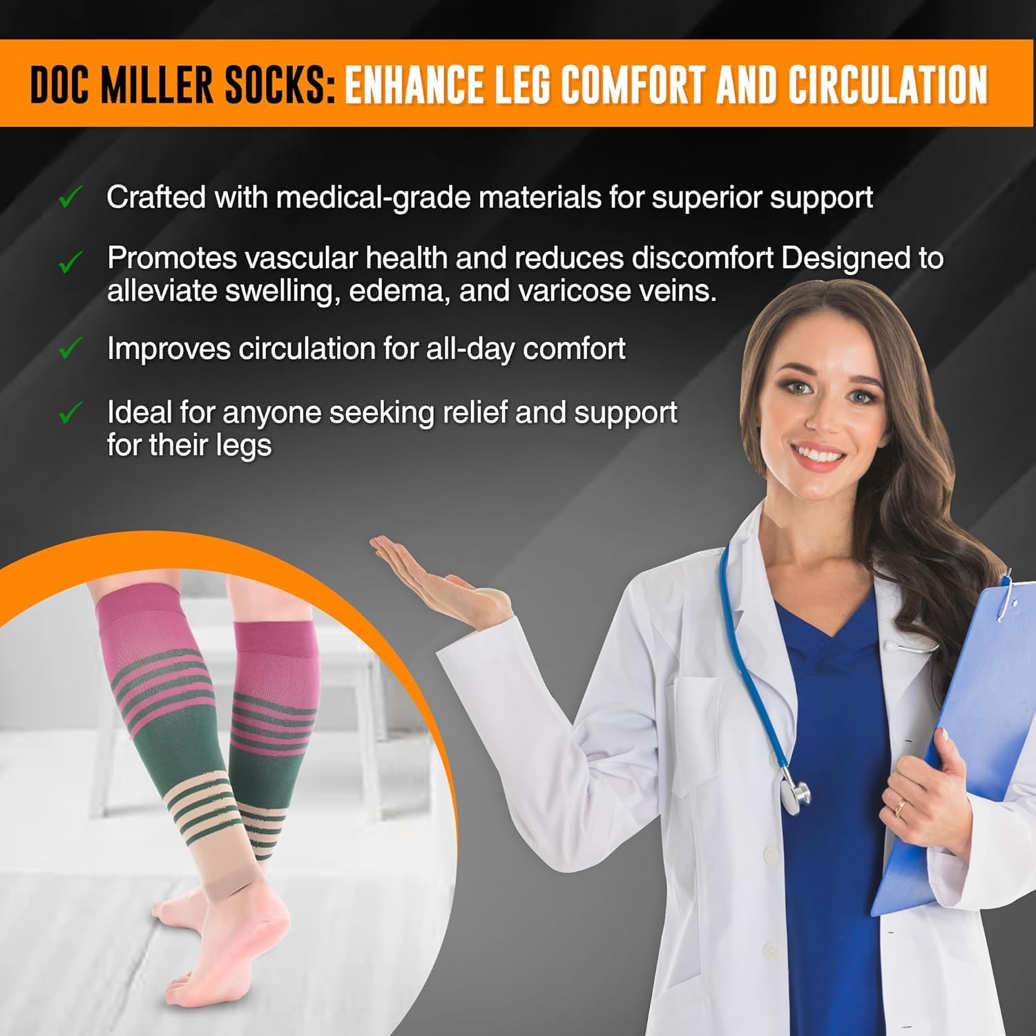 Doc Miller Calf Compression Sleeve for Women & Men, Footless 20-30mmHg Support for Shin Splints, Varicose Veins, Nurses, Running, Leg Pain Relief, 1 Pair - Image 5