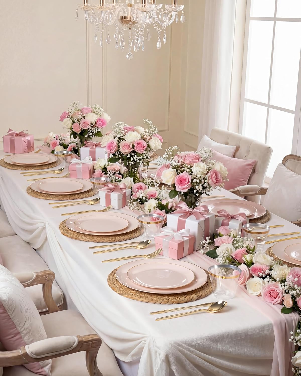 bUCLA 150PCS Pink Plastic Plates - Pink and Gold Disposable Include 25 Each (Dinner & Dessert) Plates, 25 Knives, 25 Forks, 25 Spoons and 25 Cups, Ideal for Party, Wedding & Easter