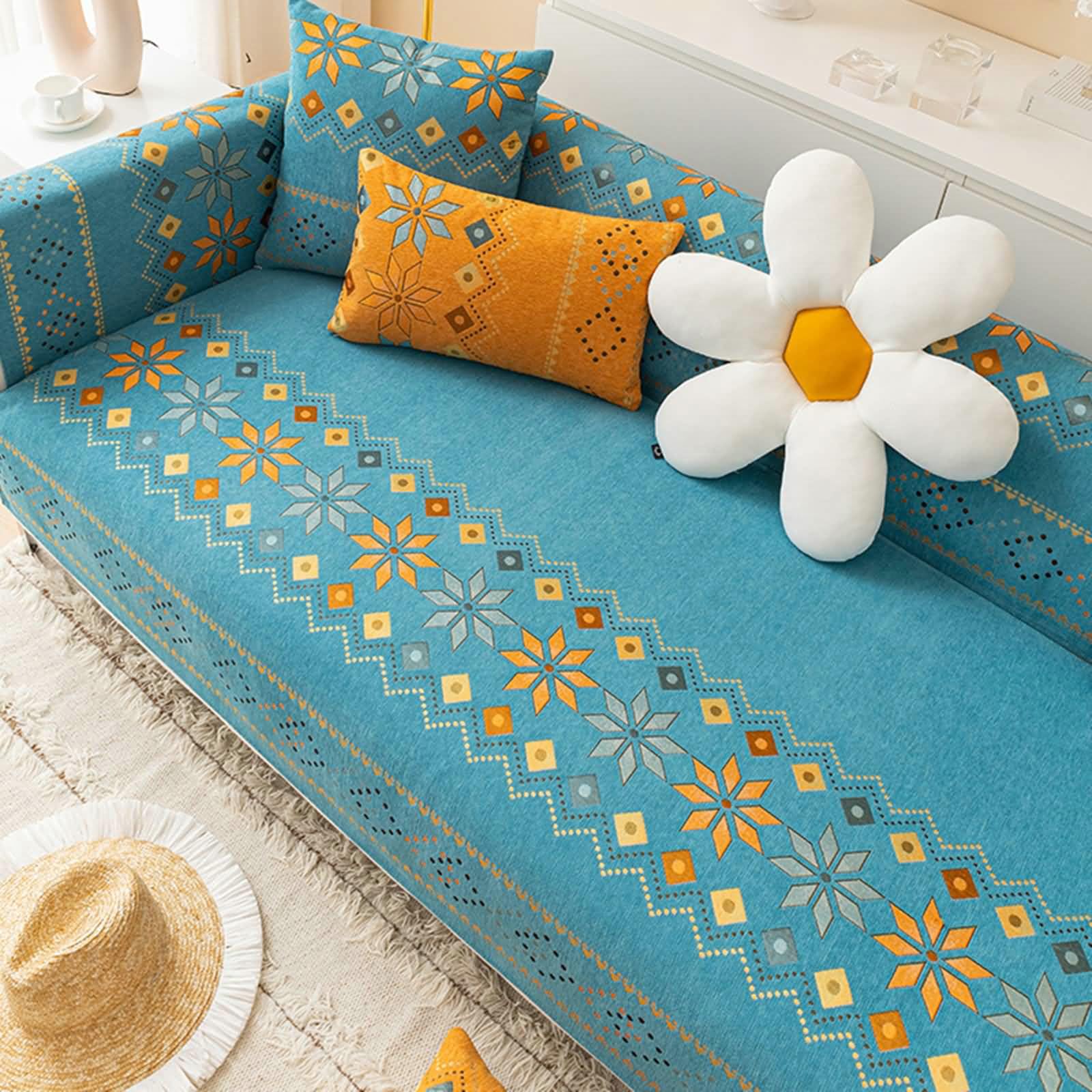 Ayoiow Reclining Sofa Covers Blue Sofa Covers For Living Room Sofa 2 Seater Cover Chenille Bohemian Style Geometric Flower Pattern Sofa Chair Covers