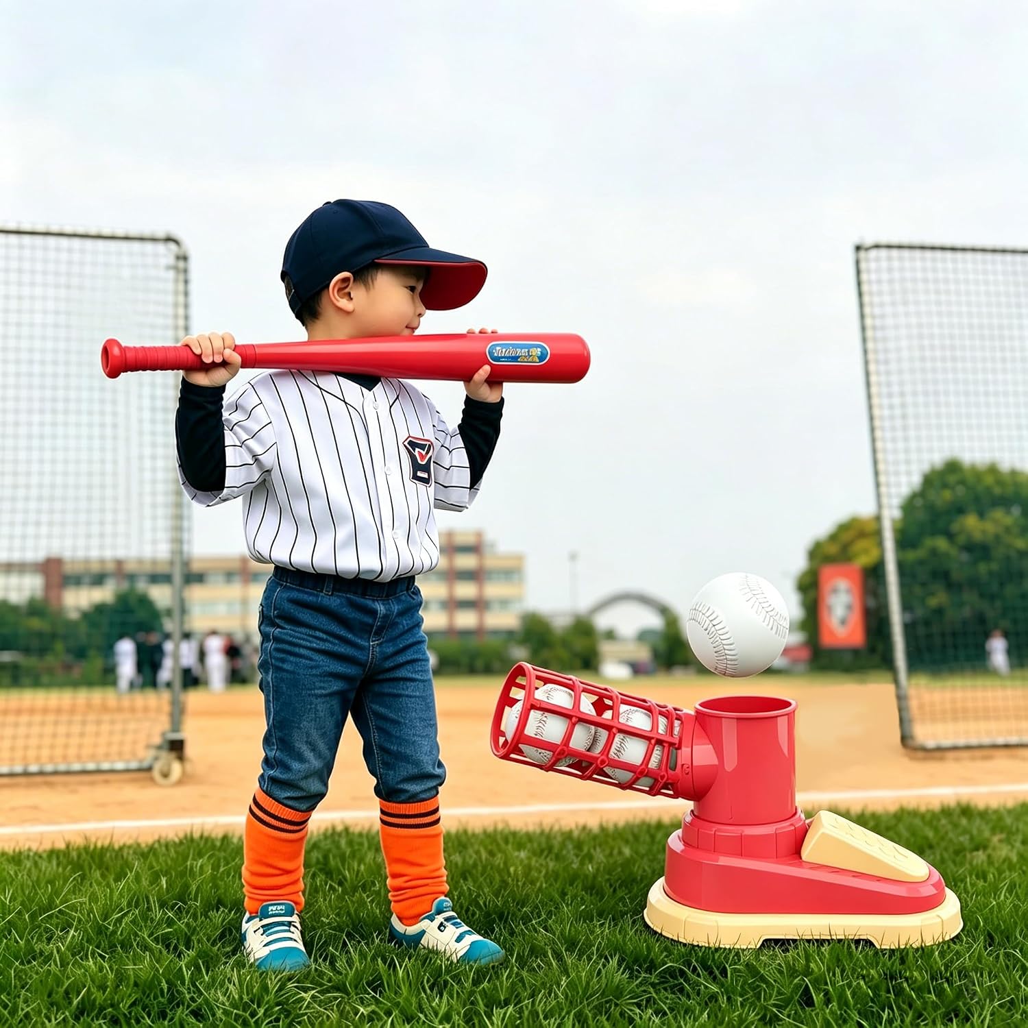 Red Kids Baseballs Sports Toy Set,Swings Training Automatic Balls Launcher,Balls Pop-up,Batting Trainer Indoor Backyard Outdoor,Durable Nylon Strength,Hitting Practice Perfect Tballs Equipment 5 Balls image 3