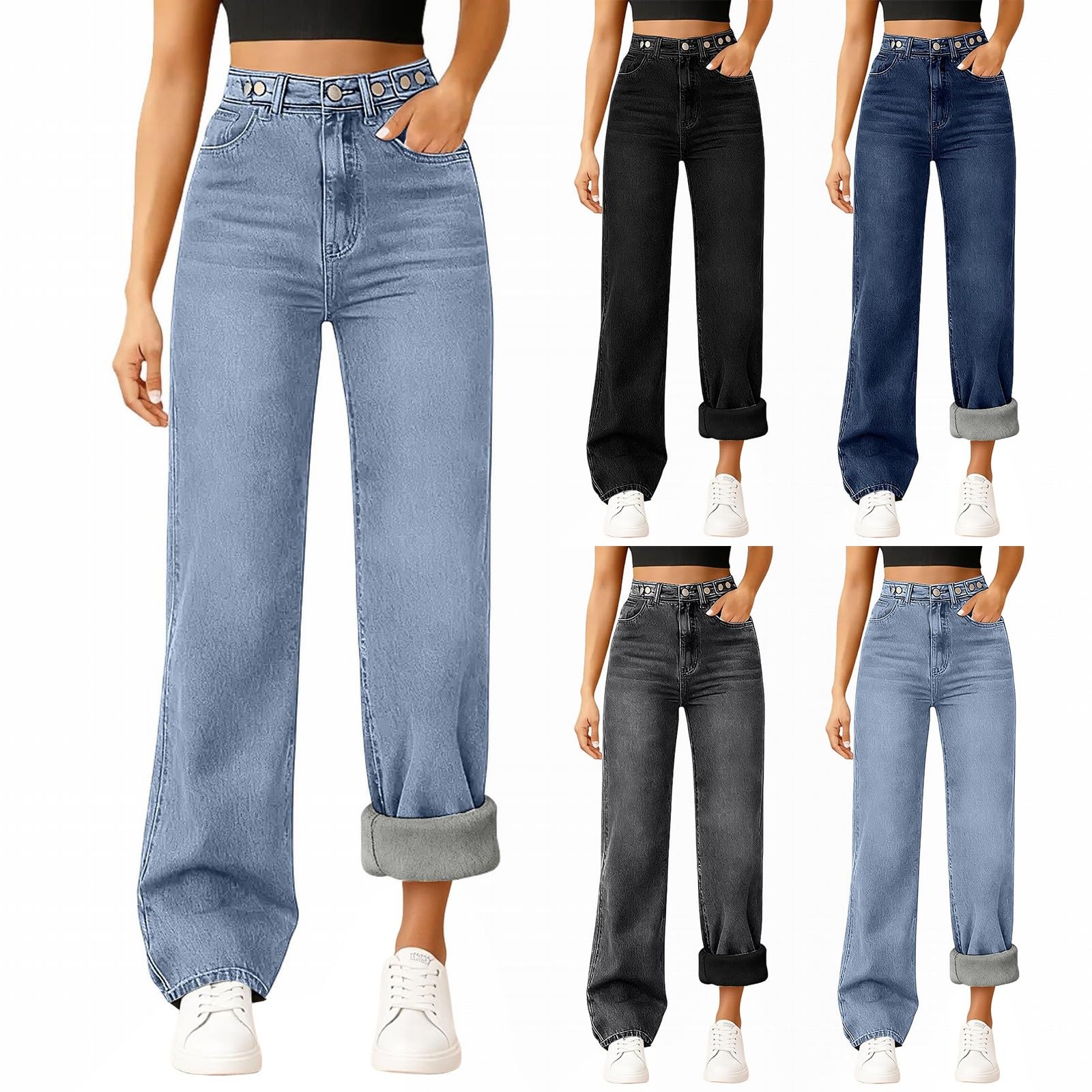 Pantalones vaqueros térmicos para mujer, forro polar, cintura alta, pantalones largos rectos, pantalones cálidos y cálidos, tallas grandes, para otoño e invierno, pantalones de chándal anchos y
