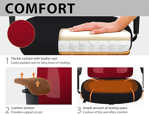 Vista 5 de Silla de oficina ergonómica de malla grande y alta, capacidad de 400 libras, soporte lumbar y reposabrazos ajustables, color rojo