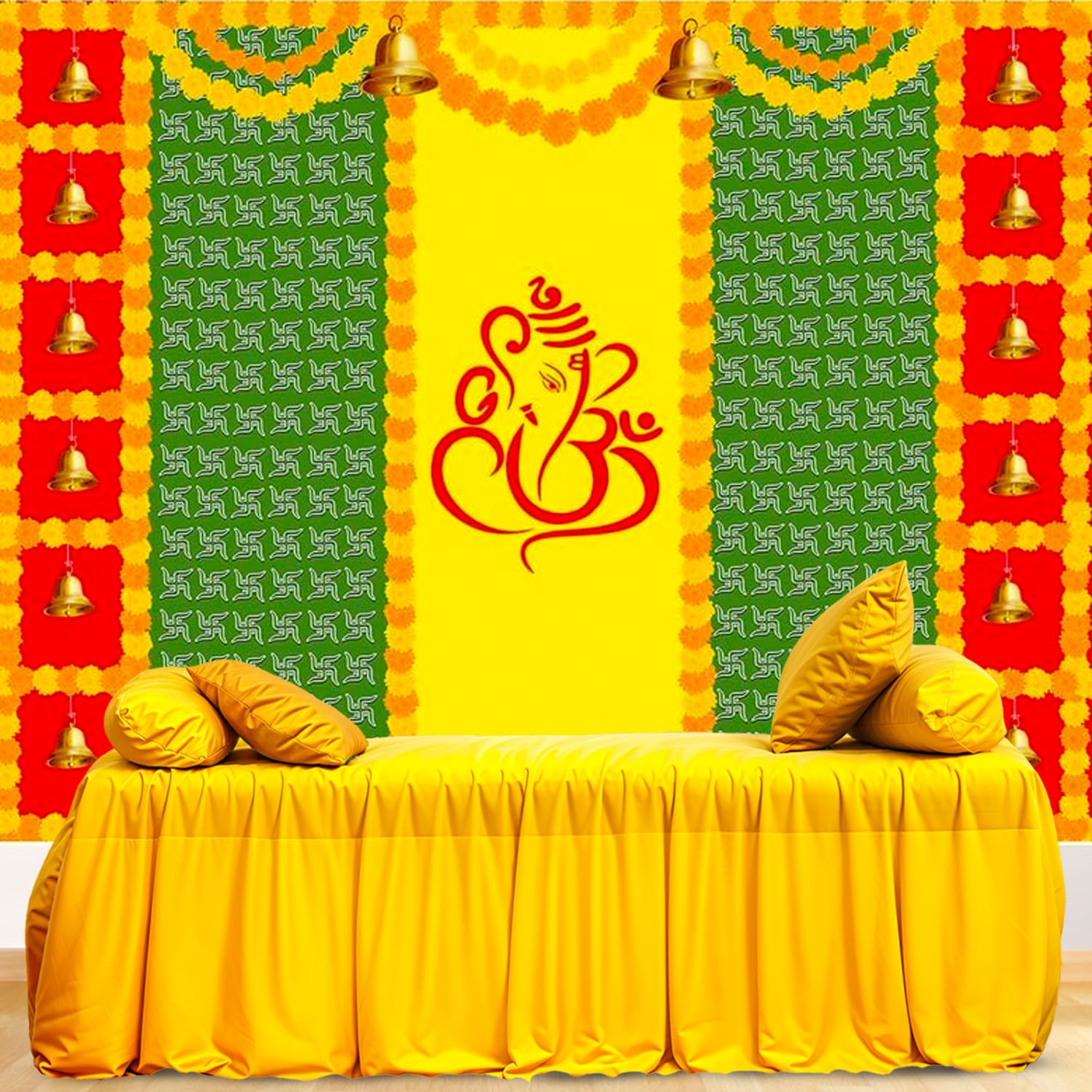 Party Propz Backdrop for Pooja Decoration - 1 Pc (8ft*5ft) Pooja Backdrop Decorations, Haldi Decoration Items for Home Decor, Haldi Backdrops Decorations Set, Annaprasana Backdrops Decor(Cloth Banner)