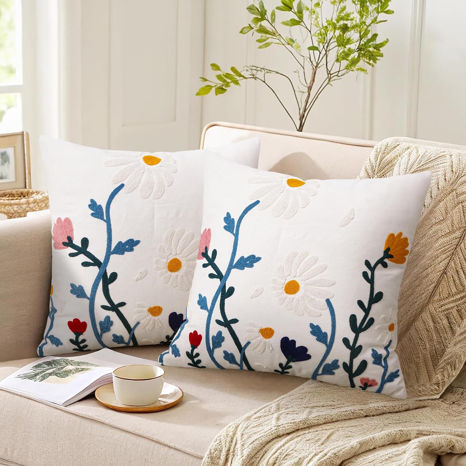 Merrycolor Embroidered Pillow Covers 18x18 Spring Flower Pattern Decorative Throw Pillow Covers Comfortable Cotton Canvas Square Cushion Cases for Sofa Bed Living Room Decor - Image 5