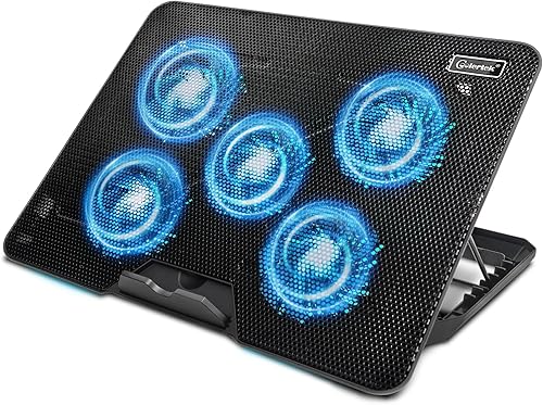 Almohadilla de refrigeración para laptop, Coolertek enfriador para laptop con 5 ventiladores silenciosos, soporte de altura ajustable para