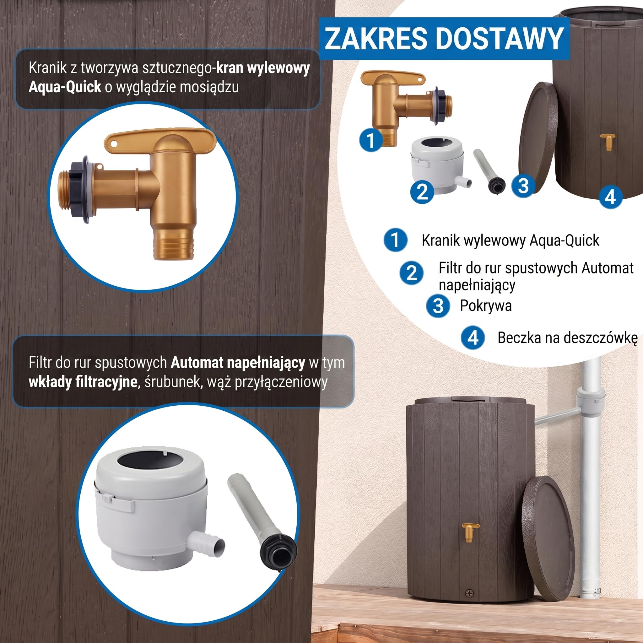 4rain MADERA zbiornik na deszczówkę zestaw kompletny 220 l brązowy | z kranem spustowym z tworzywa sztucznego i przyłączem do rury spustowej