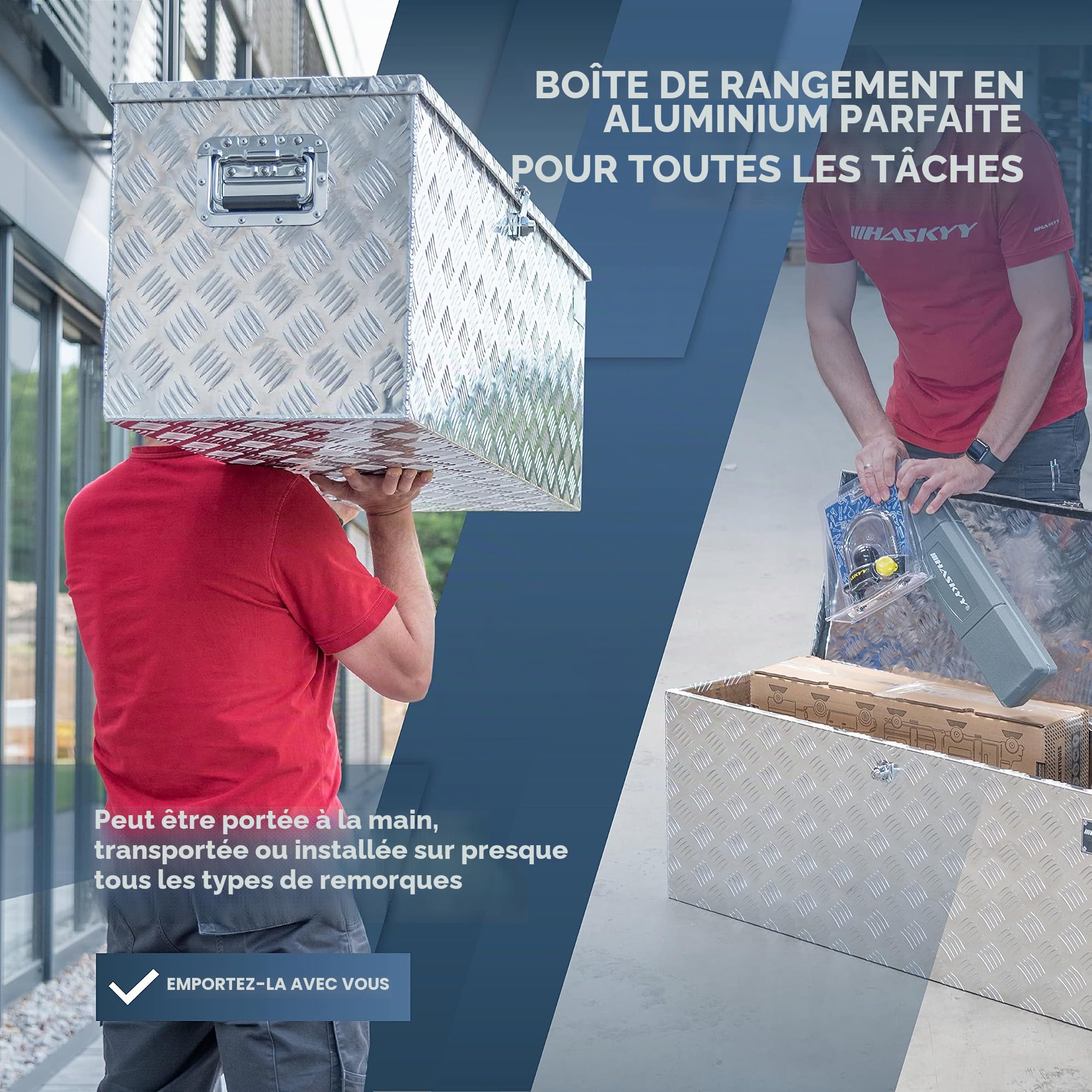 HASKYY Boîte à outils pour Remorque en aluminium 110 x 38 x 40 cm - 165 L Coffre de timon Caisse de Transport et Rangement verrouillage avec 3 clés