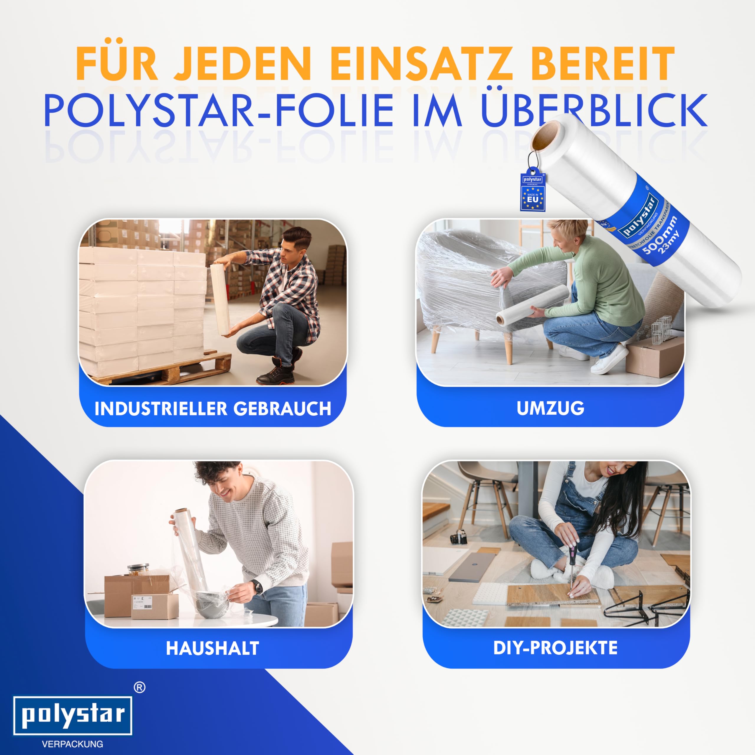 polystar Stretchfolie transparente Stretchfolienrolle, 500 mm breit, 23 my, 250 Meter | Wickelfolie für Umzug | Palettenfolie für Transport (36x Hand-Stretchfolie, 500 mm breit, 23 my)