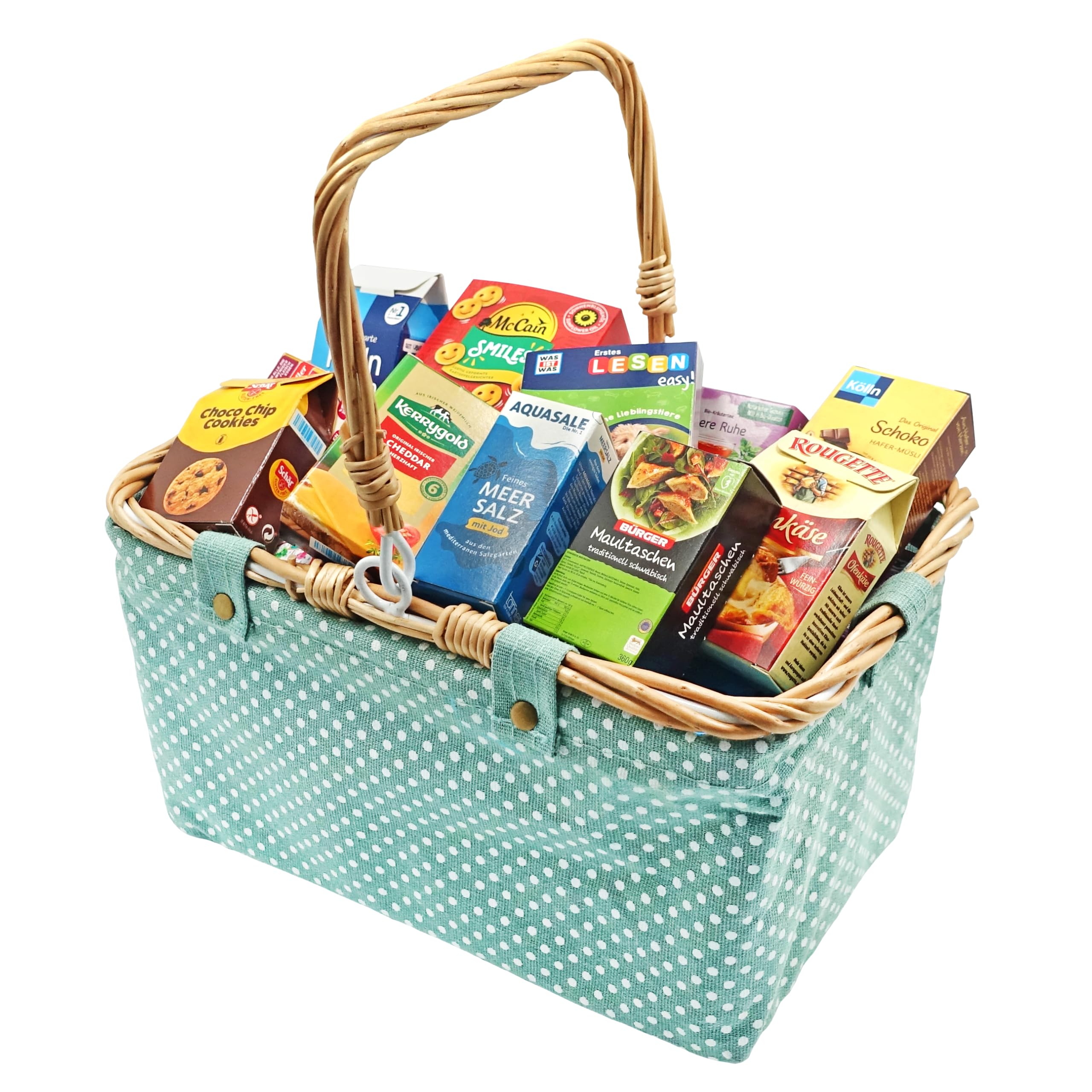 tanner DER KLEINE KAUFMANN TANNER Deco - Einkaufskorb, Mint, Stoffkorb mit Punkten und Inhalt, Zubehör für Kaufmannsladen, lebensmittelechtes Design, 4015.9