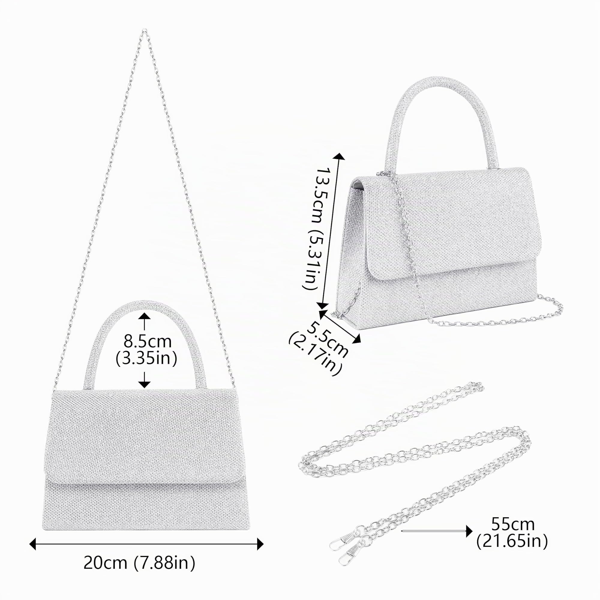 Larcenciel Pochette Donna, Borsa da Sera a Manico Alto in Argento con Catena, Elegante Borsa Donna per Prom, Feste, Cocktai