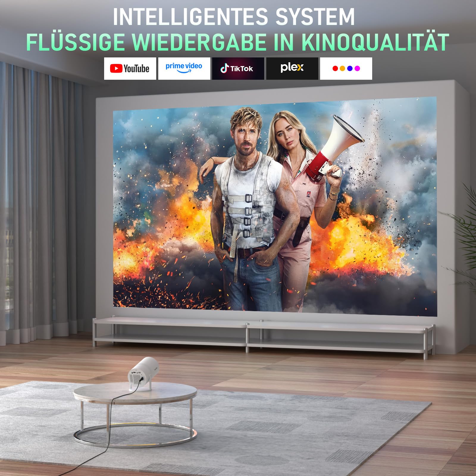 [Netflix-zertifizierter & Elektrischer Focus] Mini Beamer 4K Unterstützung mit WiFi & Bluetooth Projektor mit 210° drehbarer Stand, Automatische Trapezkorrektur, Staubfilter & Wärmeableitungssystem