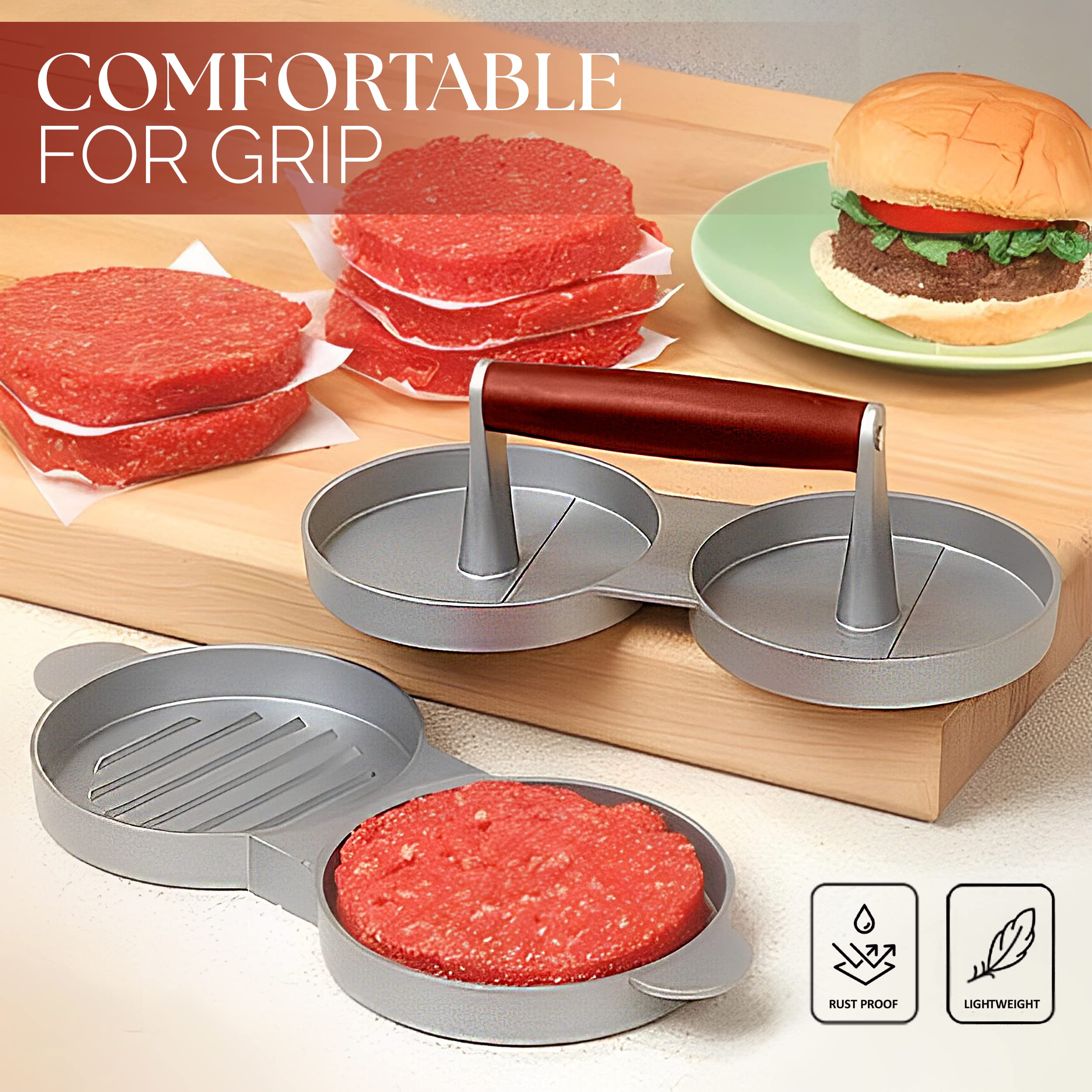 Alpine Cuisine Non-Stick Burger Press | Hamburger Patty Maker, Grill Press & Smash Burger Tool | Cast Iron with Wood Handle 1