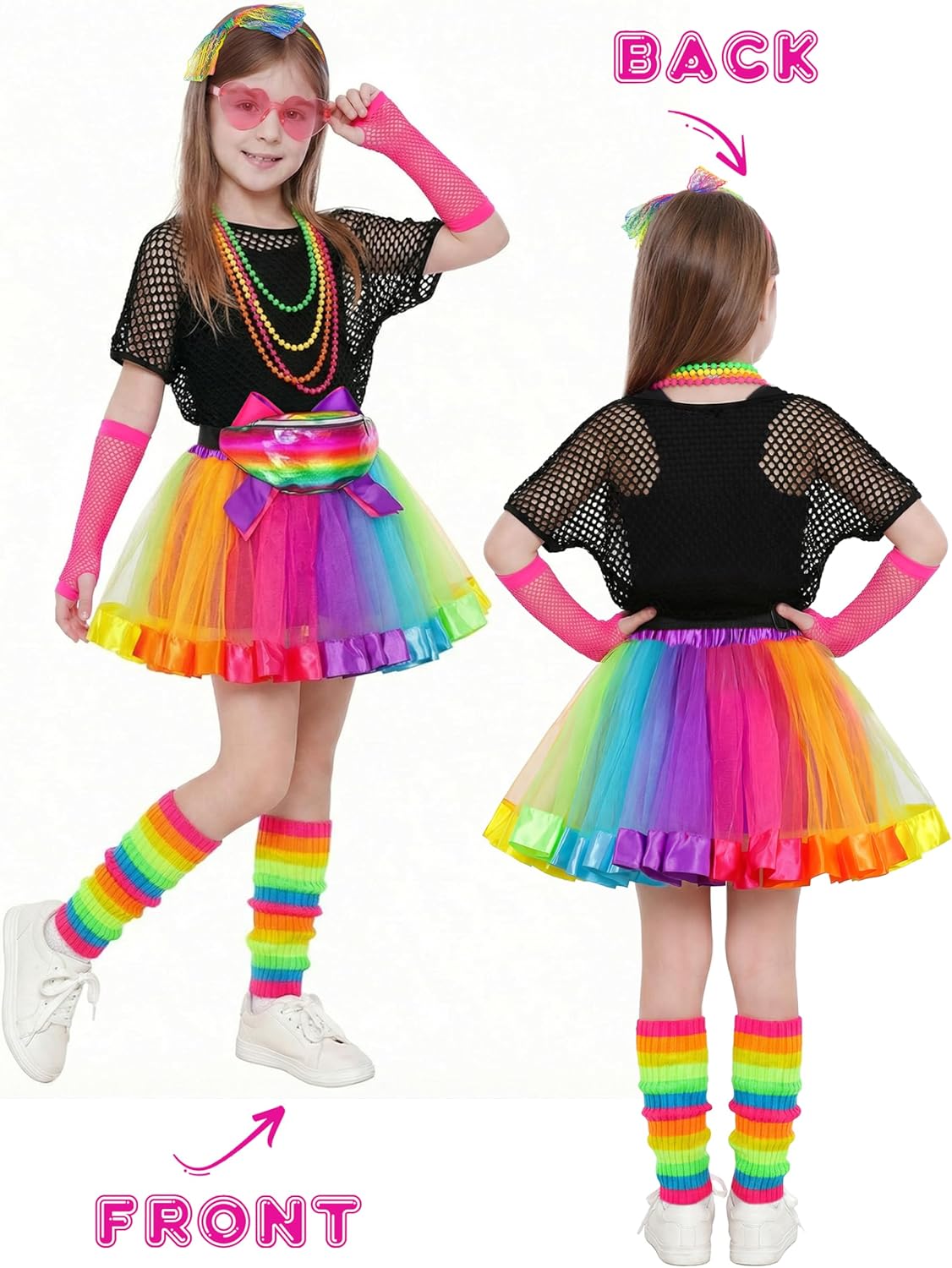 AOTHSO 14 Pieces Girls 80s Outfit Accessories Set Halloween Girls 80s Clothes Costume for Cosplay 1980s Party for Kids - Image 6