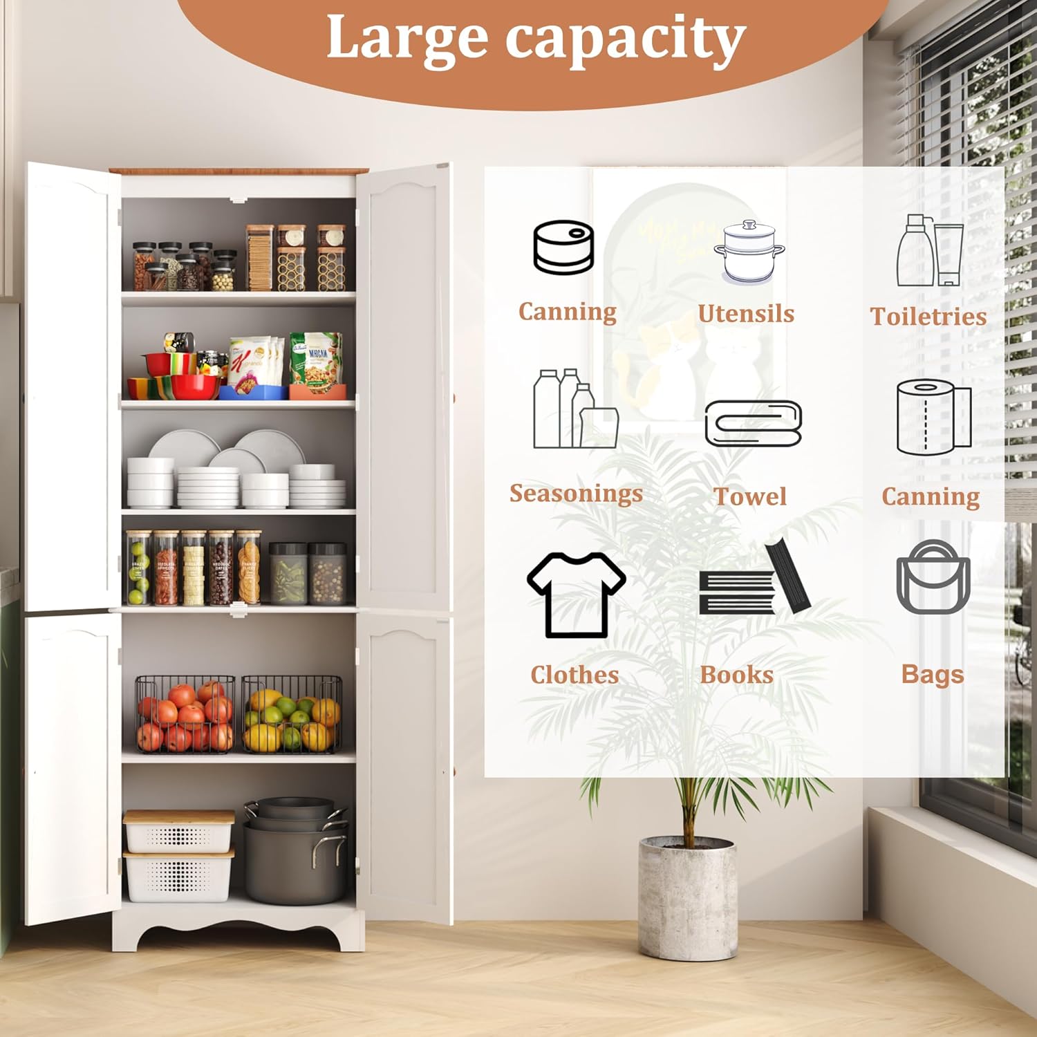 Function Home 72" Kitchen Pantry Cabinet, Freestanding Storage Cabinets, Tall Food Pantry with Doors and Adjustable Shelves, Utility Floor Cabinet for Kitchen Dining Room Living Room, White