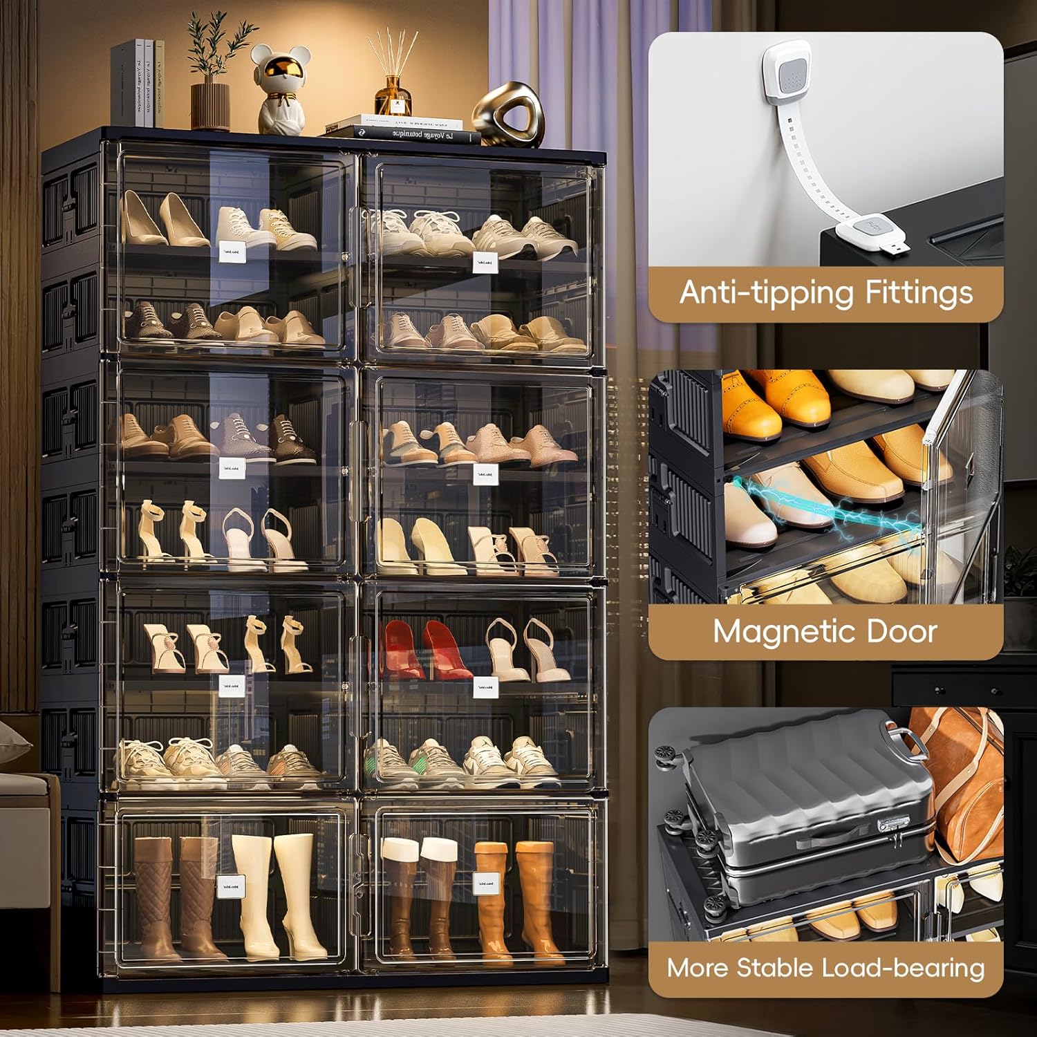 JEKO&JEKO 9-Tier Foldable Shoe Storage Cabinet with Magnetic Doors, Large Stackable Shoe Organizer Cabinet for Entryway, Clear Front Door Shoe Boxes Hold Up to 36 Pairs (Black)