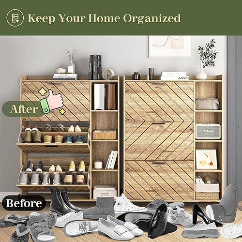 Miniatura 6 de Gabinete de zapatos con 3 cajones abatibles y estantes, organizador de zapatos independiente de madera, escondido delgado y estrecho para entrada,