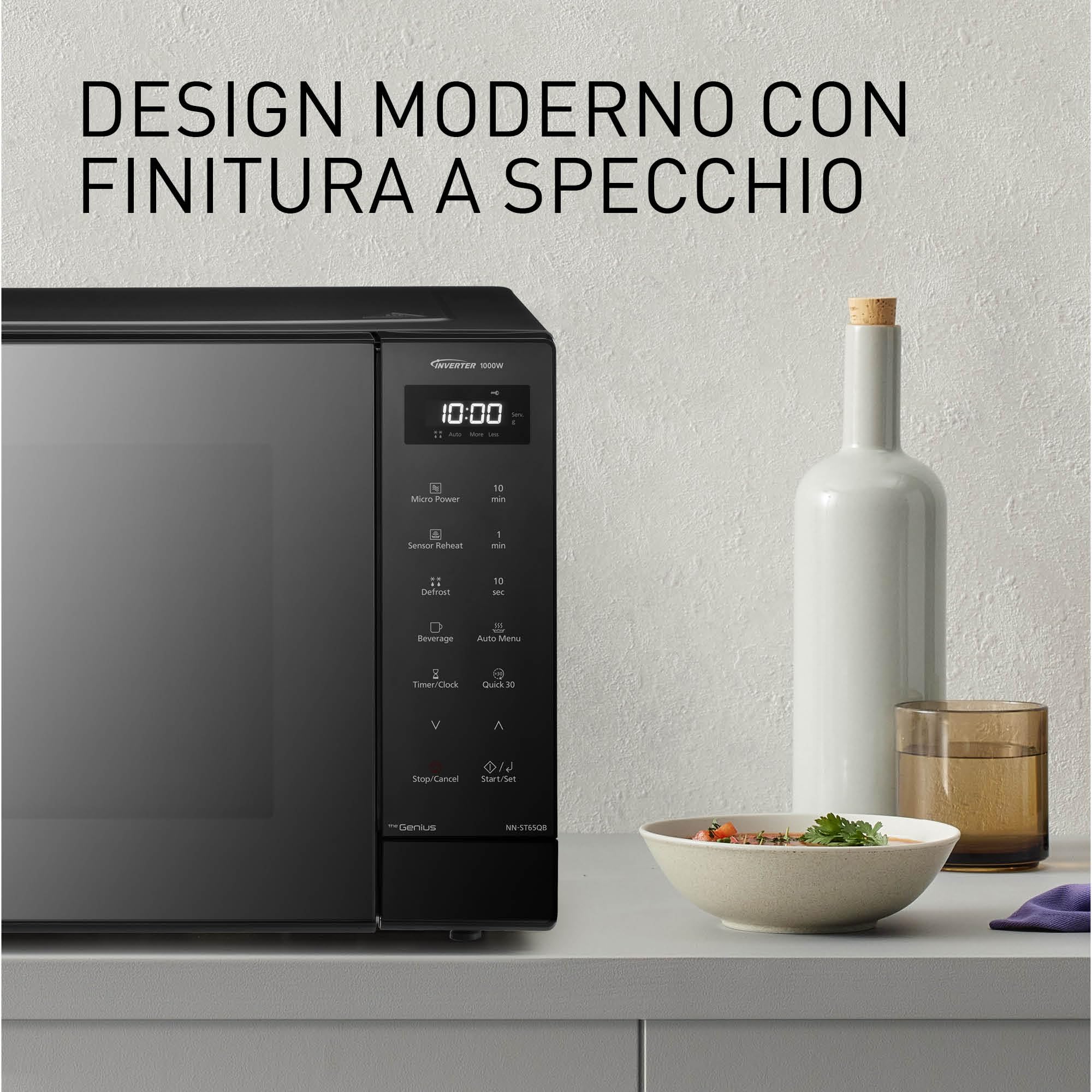 Panasonic NN-ST65QBEPG Microonde Solo Inverter 32L, 1000 Watt Potenza, Tecnologia Genius Sensor, 20 Programmi Auto, Funzione Quick 30, Controllo Touch, Grande Piatto Girevole, Nero