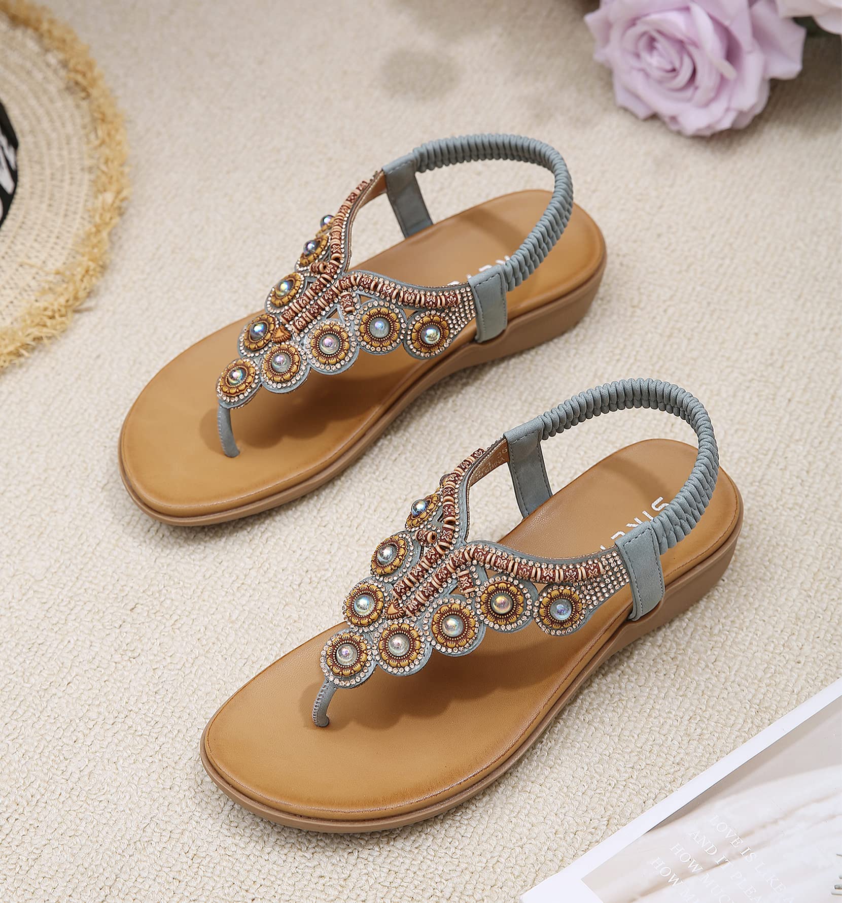 SMajong Sandali Bohemia Donna Estive Piatto Comode Infradito Strass Gioiello Moda Scarpe da Spiaggia con Elastiche Cinghia